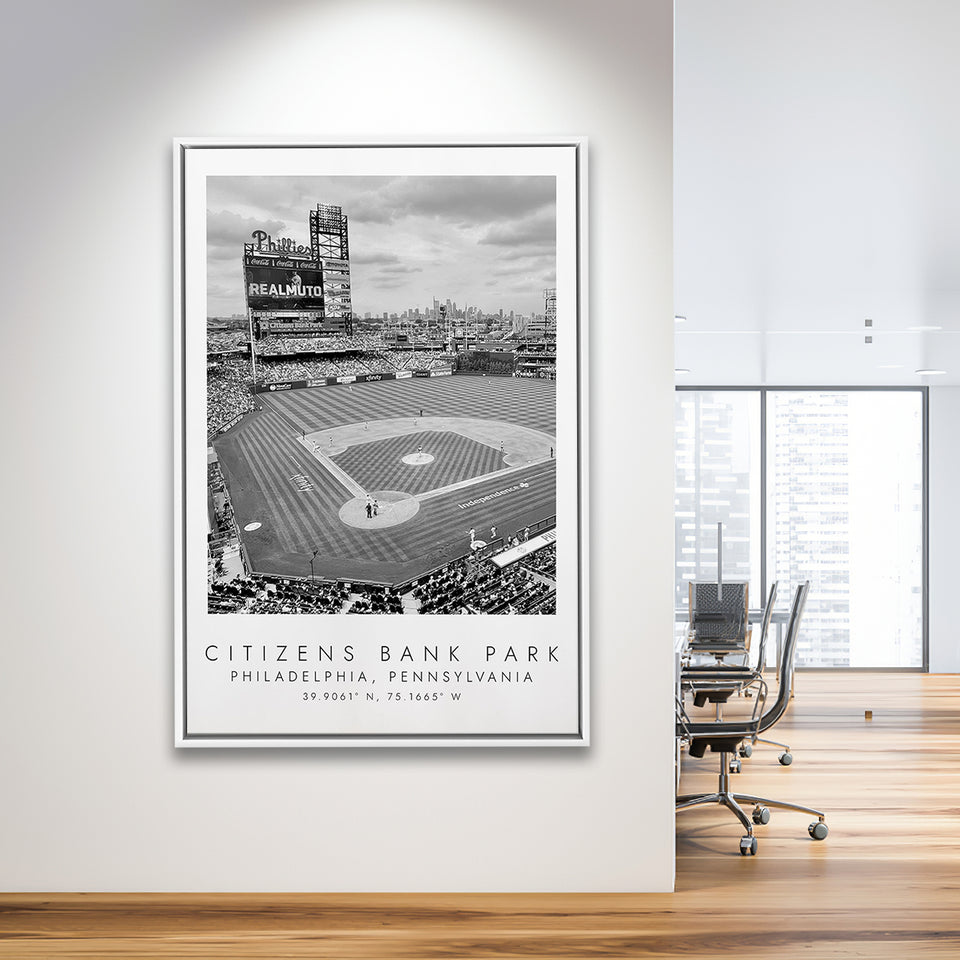 Citizens Bank Park Philadelphia Phillies, Stadium Wall Art For Baseball Lovers, B&W, Floating Framed Canvas Print