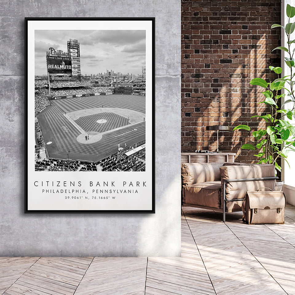 Citizens Bank Park Philadelphia Phillies, Stadium Wall Art For Baseball Lovers, B&W, Floating Framed Canvas Print