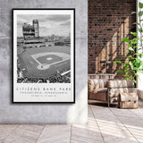 Citizens Bank Park Philadelphia Phillies, Stadium Wall Art For Baseball Lovers, B&W, Floating Framed Canvas Print
