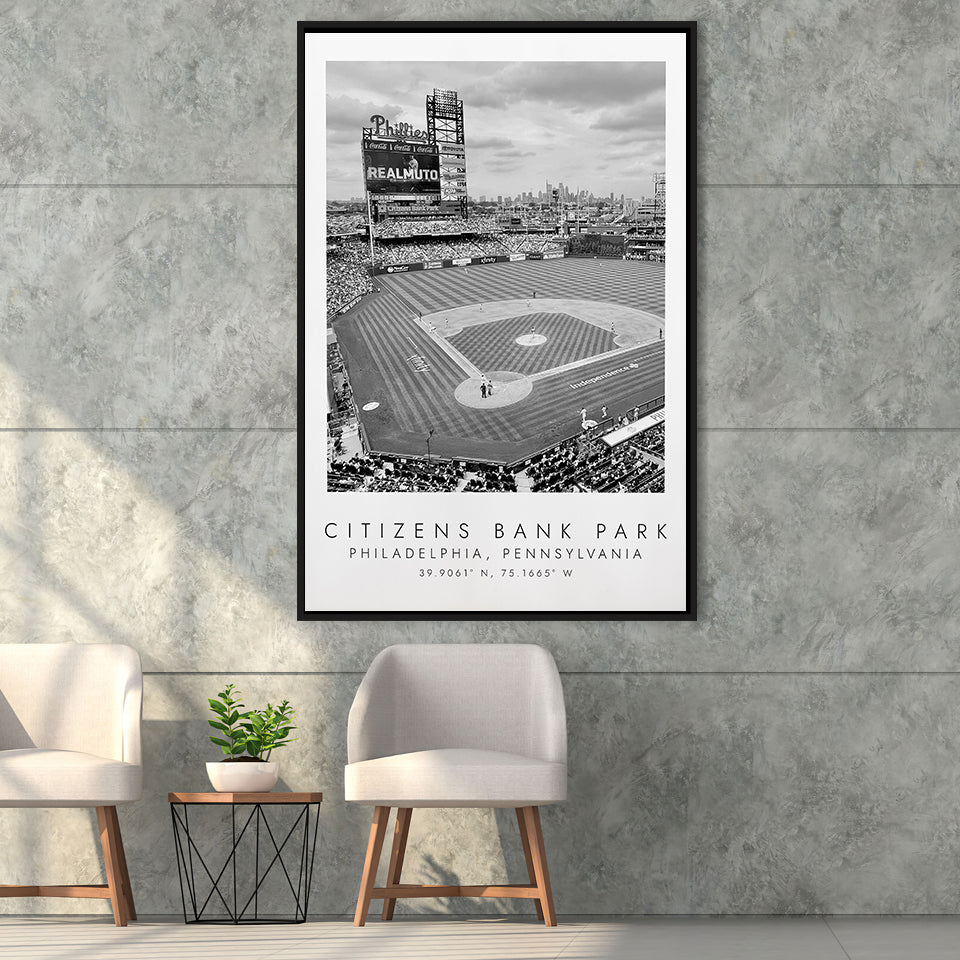 Citizens Bank Park Philadelphia Phillies, Stadium Wall Art For Baseball Lovers, B&W, Floating Framed Canvas Print