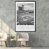 Citizens Bank Park Philadelphia Phillies, Stadium Wall Art For Baseball Lovers, B&W, Floating Framed Canvas Print