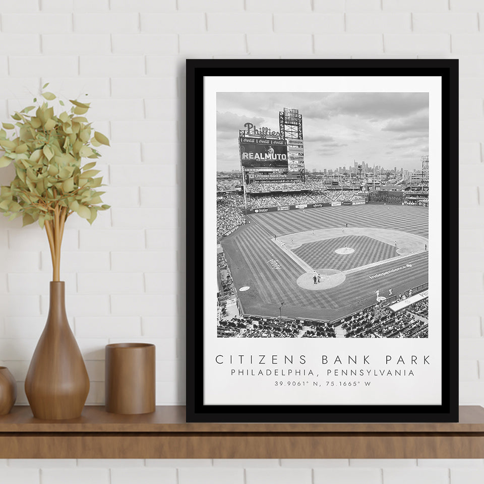 Citizens Bank Park Philadelphia Phillies, Stadium Wall Art For Baseball Lovers, B&W, Floating Framed Canvas Print