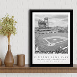 Citizens Bank Park Philadelphia Phillies, Stadium Wall Art For Baseball Lovers, B&W, Floating Framed Canvas Print