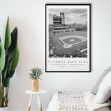Citizens Bank Park Philadelphia Phillies, Stadium Wall Art For Baseball Lovers, B&W, Floating Framed Canvas Print