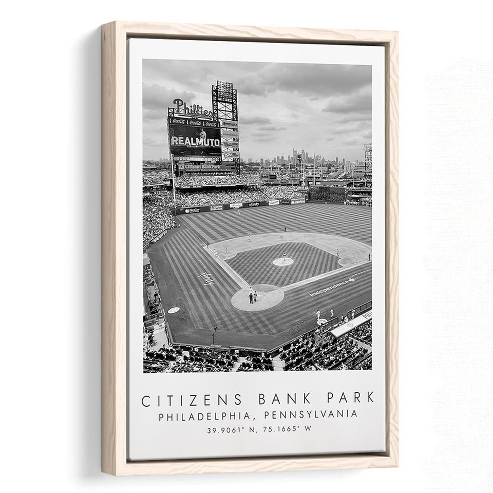 Citizens Bank Park Philadelphia Phillies, Stadium Wall Art For Baseball Lovers, B&W, Floating Framed Canvas Print