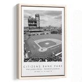 Citizens Bank Park Philadelphia Phillies, Stadium Wall Art For Baseball Lovers, B&W, Floating Framed Canvas Print