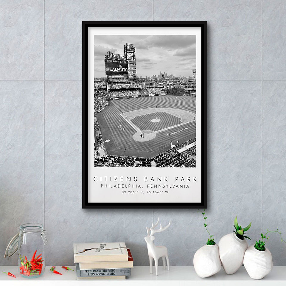 Citizens Bank Park Philadelphia Phillies, Stadium Wall Art For Baseball Lovers, B&W, Floating Framed Canvas Print