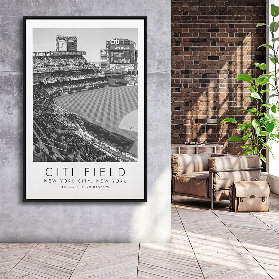 Citi Field New York Mets Wall Art, Stadium Wall Art For Baseball Lovers, B&W, Floating Framed Canvas Print