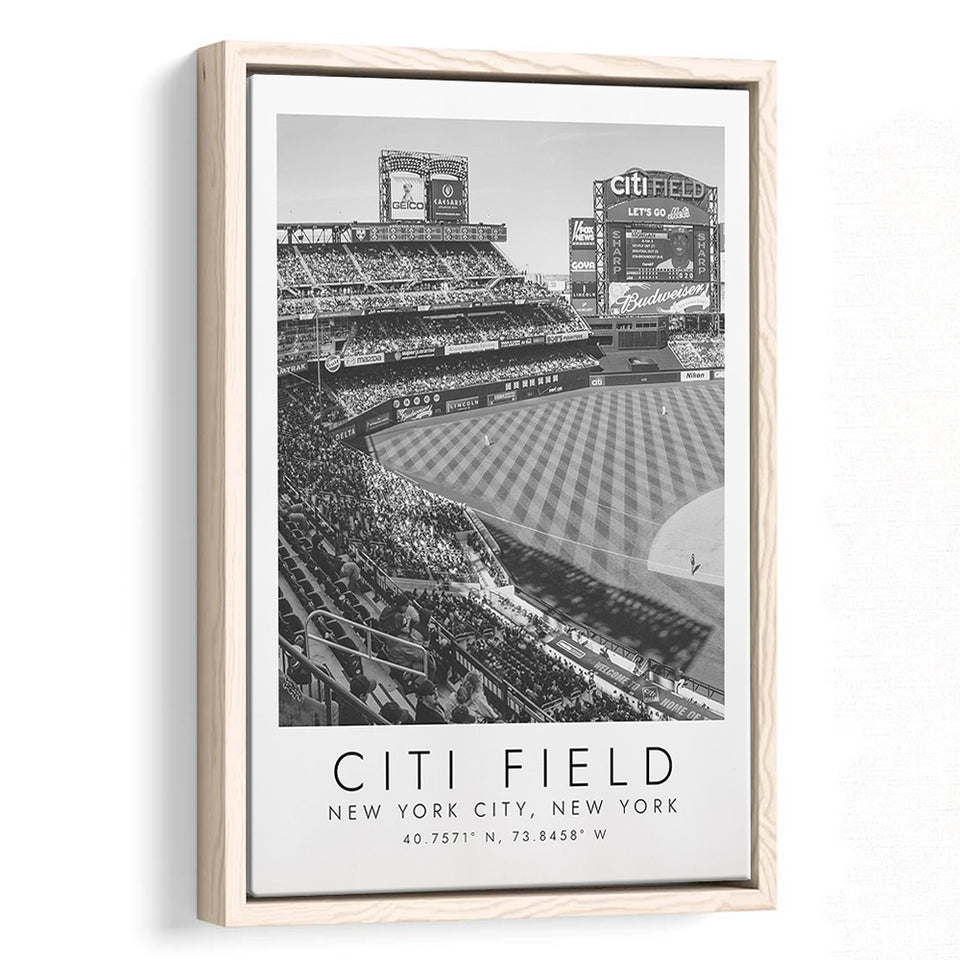 Citi Field New York Mets Wall Art, Stadium Wall Art For Baseball Lovers, B&W, Floating Framed Canvas Print