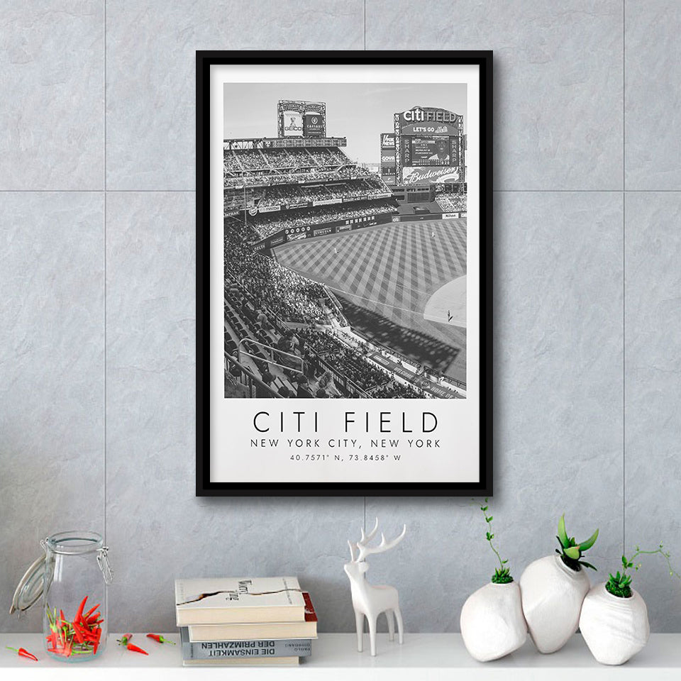 Citi Field New York Mets Wall Art, Stadium Wall Art For Baseball Lovers, B&W, Floating Framed Canvas Print