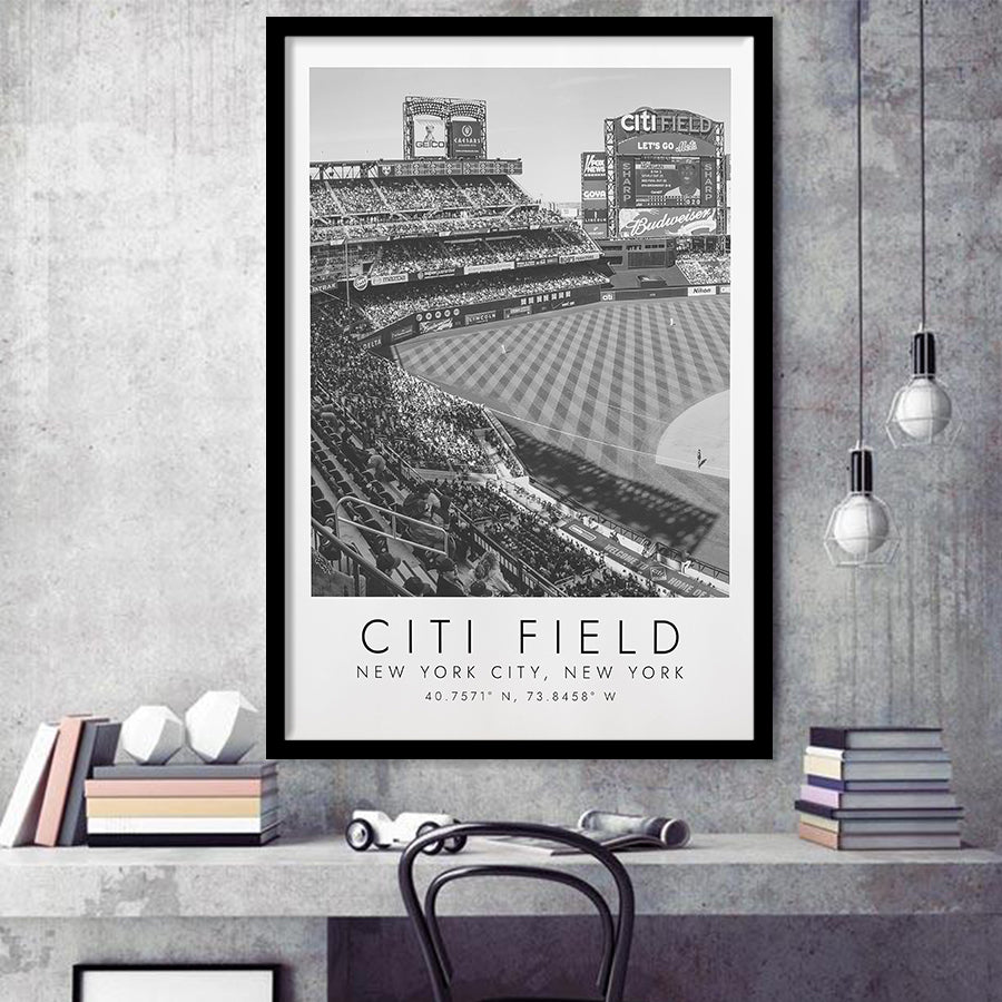 Citi Field New York Mets Print, Stadium Print For Baseball Lovers, Black And White, Framed Art Print Wall Decor