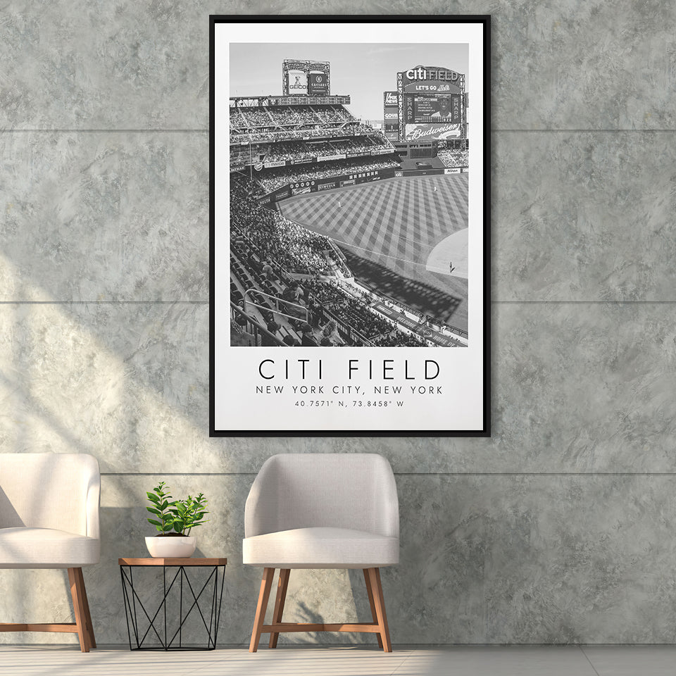 Citi Field New York Mets Wall Art, Stadium Wall Art For Baseball Lovers, B&W, Floating Framed Canvas Print