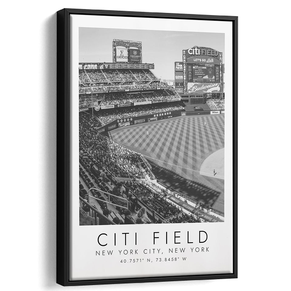 Citi Field New York Mets Wall Art, Stadium Wall Art For Baseball Lovers, B&W, Floating Framed Canvas Print