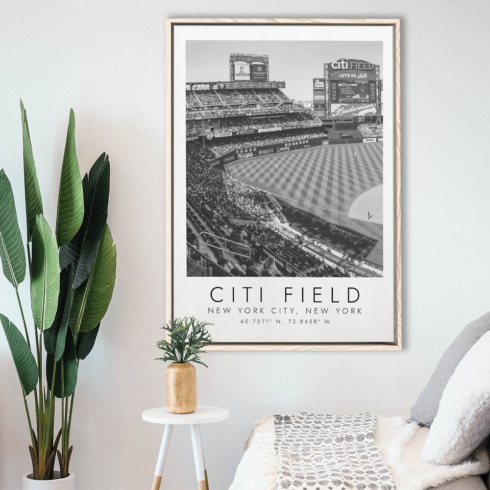 Citi Field New York Mets Wall Art, Stadium Wall Art For Baseball Lovers, B&W, Floating Framed Canvas Print