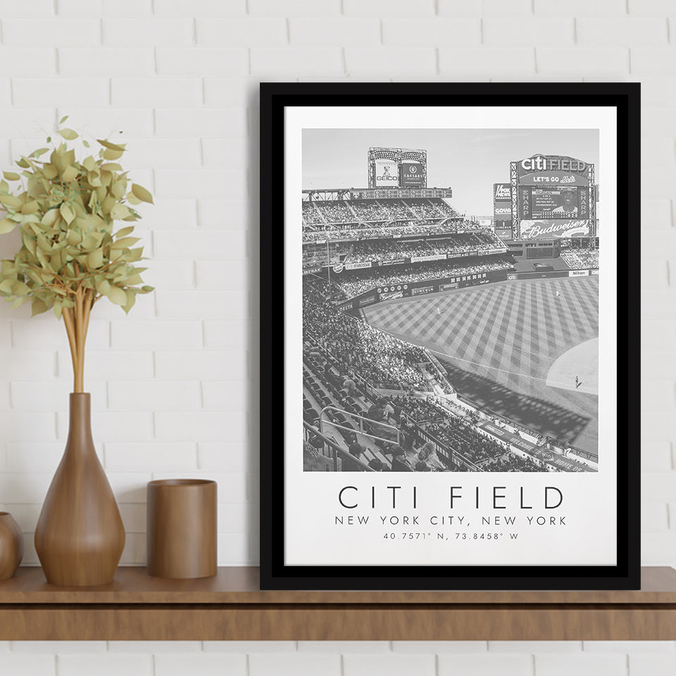 Citi Field New York Mets Wall Art, Stadium Wall Art For Baseball Lovers, B&W, Floating Framed Canvas Print