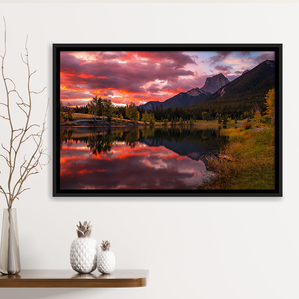 Canmore Mountains At Quarry Lake At Sunrise, Framed Canvas Print Wall Art Decor,Floating Frame