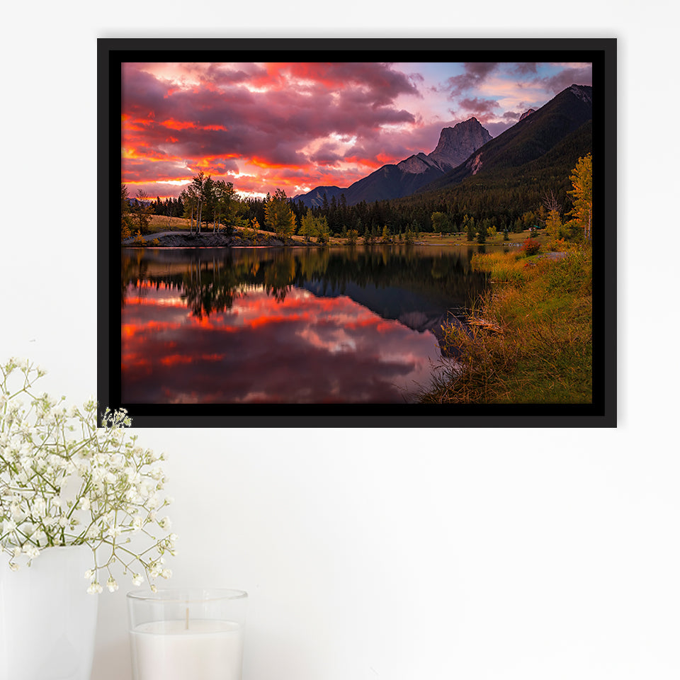 Canmore Mountains At Quarry Lake At Sunrise, Framed Canvas Print Wall Art Decor,Floating Frame
