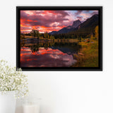 Canmore Mountains At Quarry Lake At Sunrise, Framed Canvas Print Wall Art Decor,Floating Frame