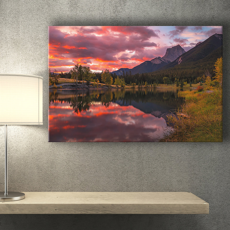 Canmore Mountains At Quarry Lake At Sunrise, Canvas Print Wall Art Decor, Landscape Art Print