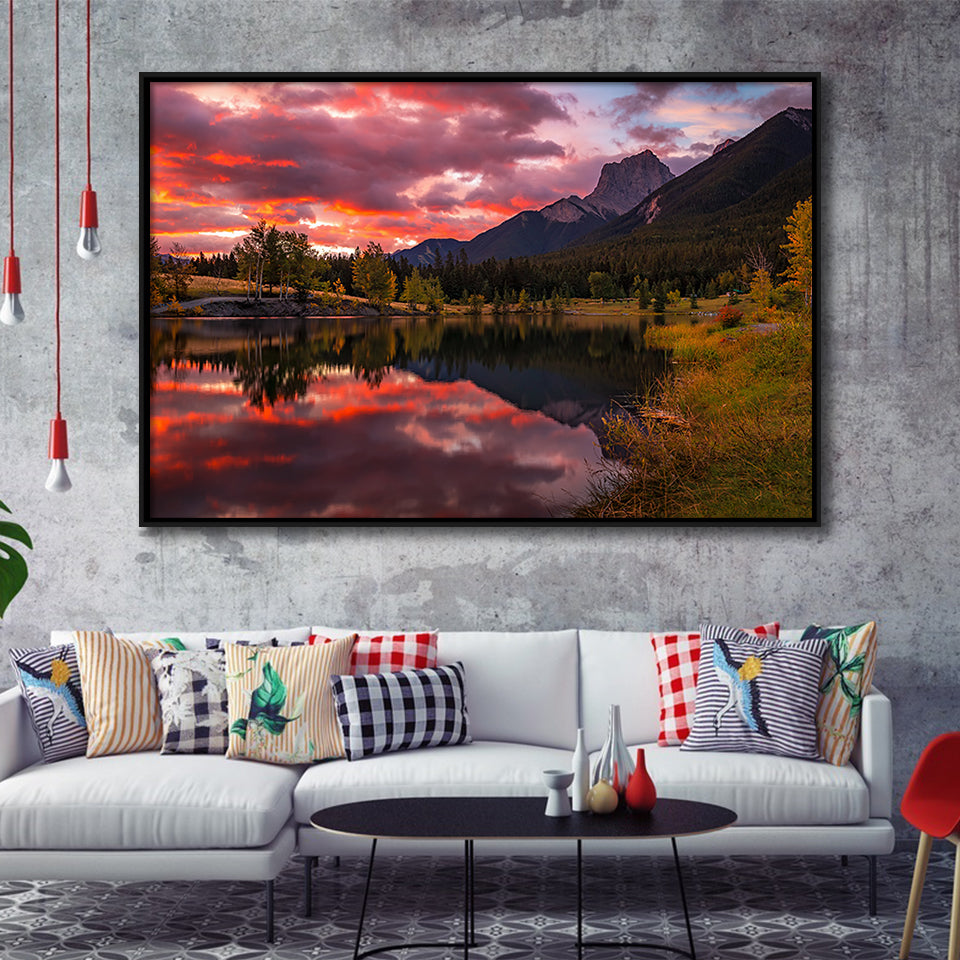 Canmore Mountains At Quarry Lake At Sunrise, Framed Canvas Print Wall Art Decor,Floating Frame