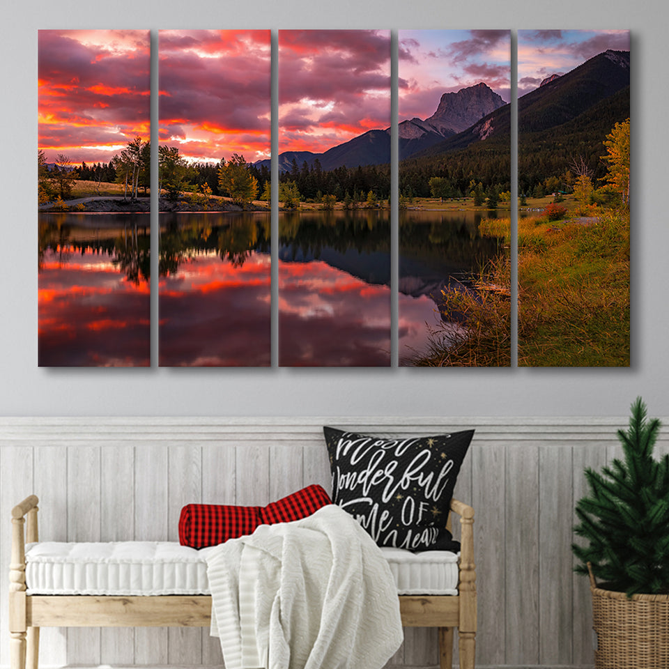 Canmore Mountains At Quarry Lake At Sunrise, Extra Large Multi 5 Panel Canvas Print Wall Art Decor