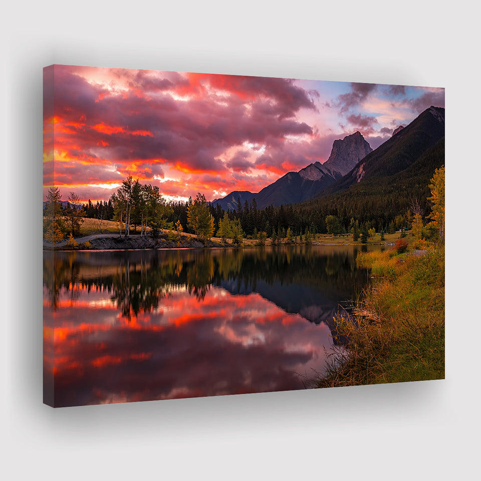 Canmore Mountains At Quarry Lake At Sunrise, Canvas Print Wall Art Decor, Landscape Art Print