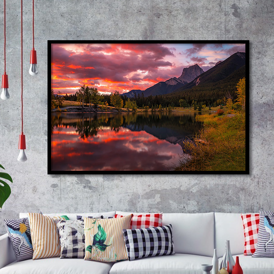 Canmore Mountains At Quarry Lake At Sunrise, Framed Art Print Wall Decor, Framed Picture