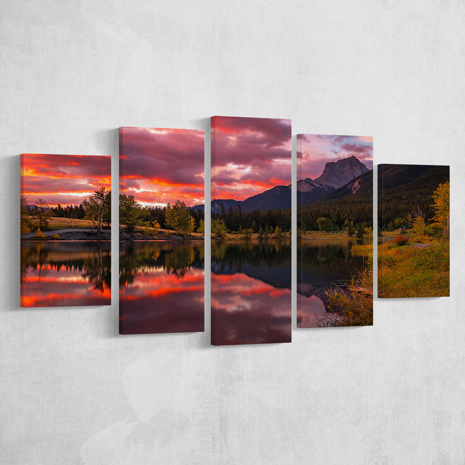 Canmore Mountains At Quarry Lake At Sunrise, Multi Panel Canvas Print Wall Art Decor, 5 Mixed Panel