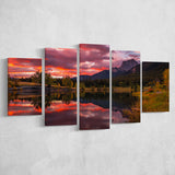 Canmore Mountains At Quarry Lake At Sunrise, Multi Panel Canvas Print Wall Art Decor, 5 Mixed Panel