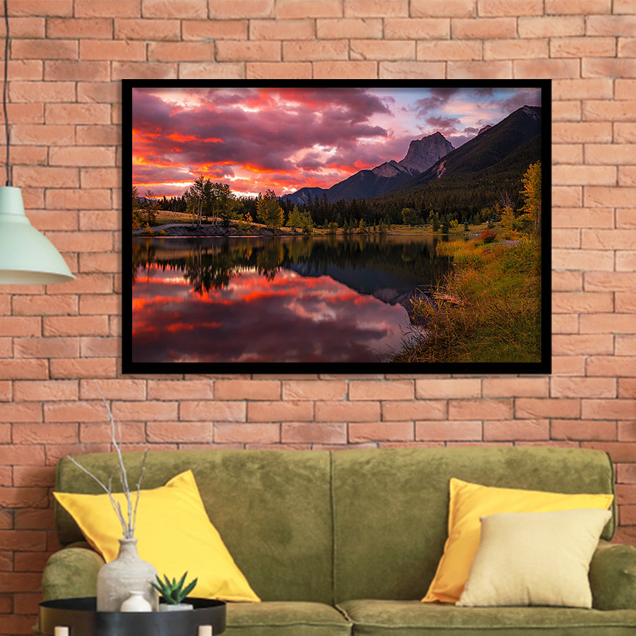 Canmore Mountains At Quarry Lake At Sunrise, Framed Art Print Wall Decor, Framed Picture
