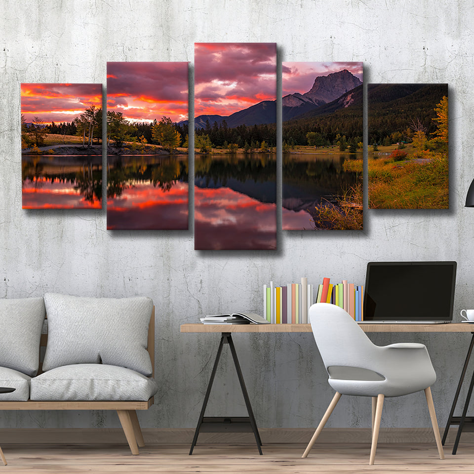 Canmore Mountains At Quarry Lake At Sunrise, Multi Panel Canvas Print Wall Art Decor, 5 Mixed Panel