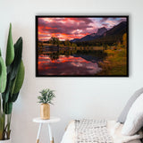 Canmore Mountains At Quarry Lake At Sunrise, Framed Canvas Print Wall Art Decor,Floating Frame