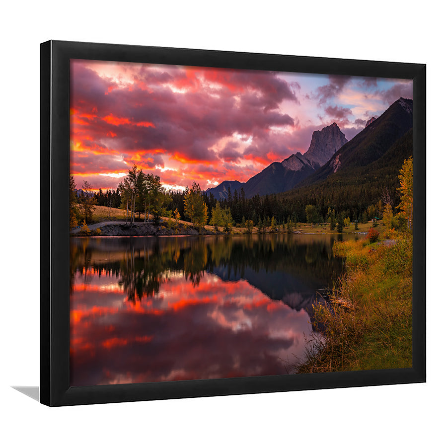 Canmore Mountains At Quarry Lake At Sunrise, Framed Art Print Wall Decor, Framed Picture