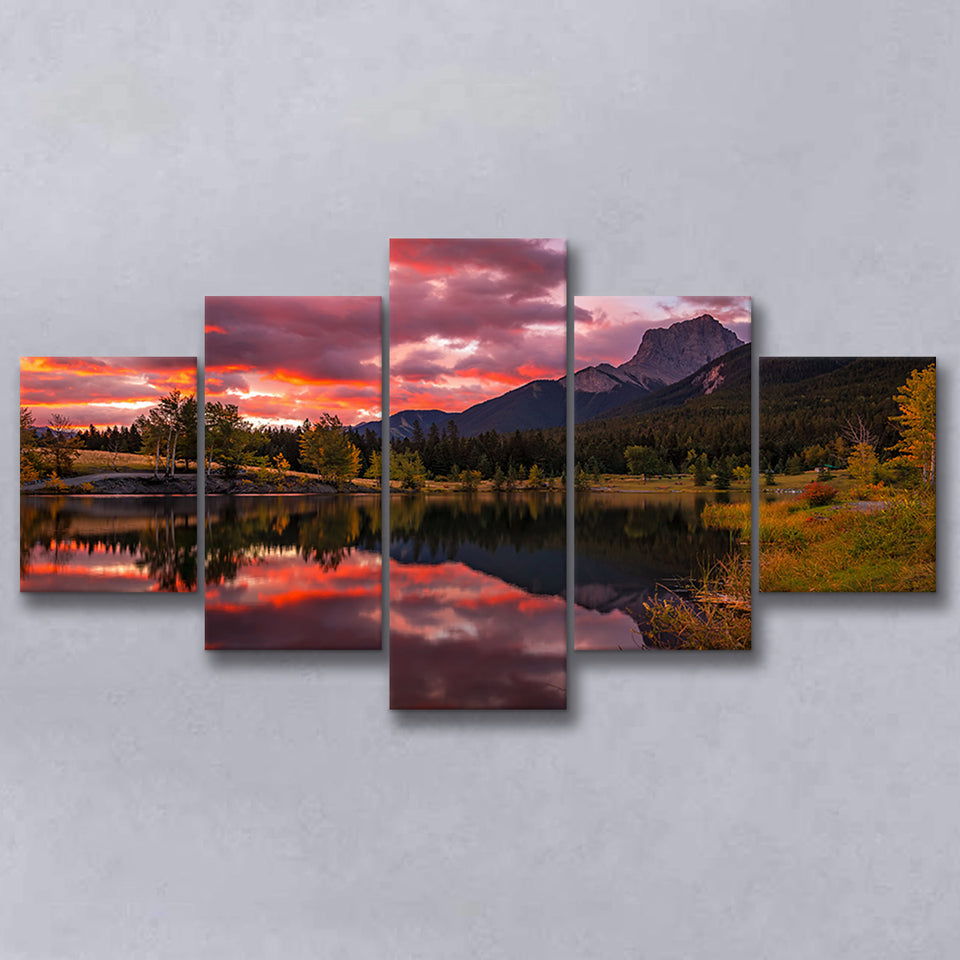 Canmore Mountains At Quarry Lake At Sunrise, Multi Panel Canvas Print Wall Art Decor, 5 Mixed Panel