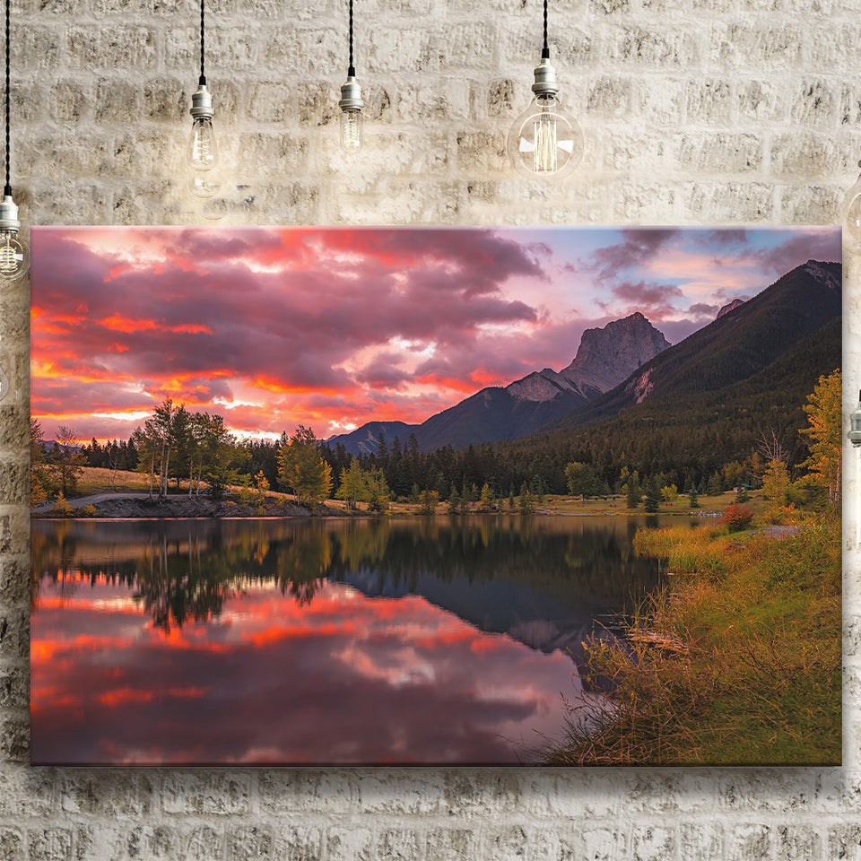 Canmore Mountains At Quarry Lake At Sunrise, Canvas Print Wall Art Decor, Landscape Art Print