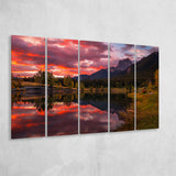 Canmore Mountains At Quarry Lake At Sunrise, Extra Large Multi 5 Panel Canvas Print Wall Art Decor