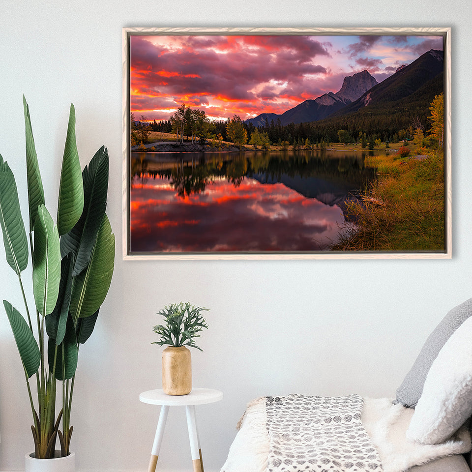 Canmore Mountains At Quarry Lake At Sunrise, Framed Canvas Print Wall Art Decor,Floating Frame