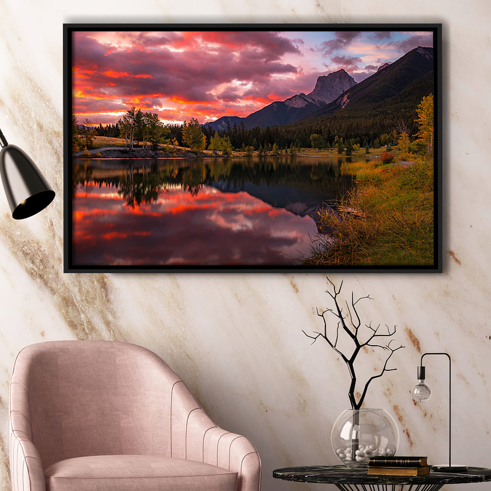 Canmore Mountains At Quarry Lake At Sunrise, Framed Canvas Print Wall Art Decor,Floating Frame