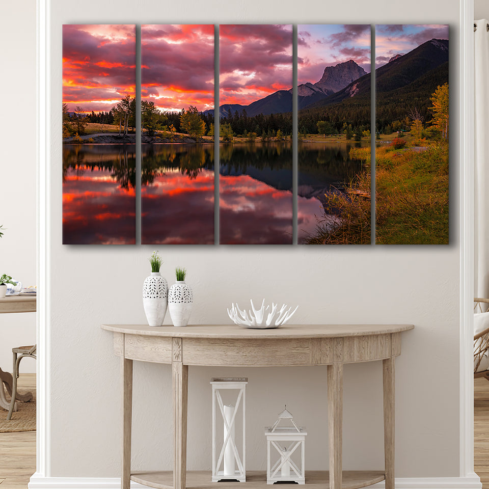 Canmore Mountains At Quarry Lake At Sunrise, Extra Large Multi 5 Panel Canvas Print Wall Art Decor
