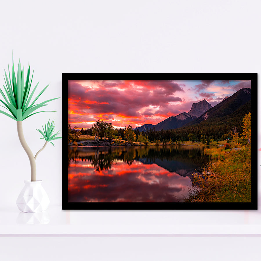 Canmore Mountains At Quarry Lake At Sunrise, Framed Art Print Wall Decor, Framed Picture