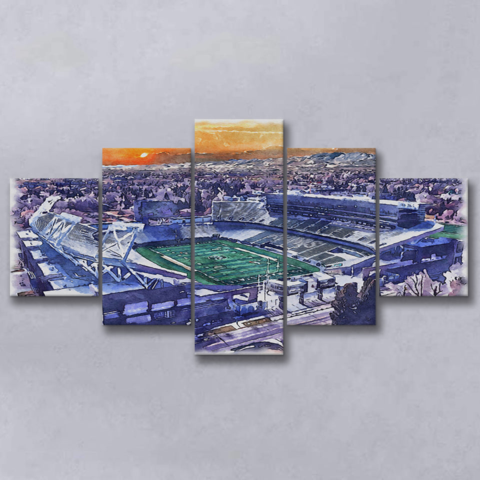 Framed Canvas Stadium WaterColor 5 Panels Mix Canvas Prints, Fort Collins Colorado Watercolor, Large Stadium Canvas