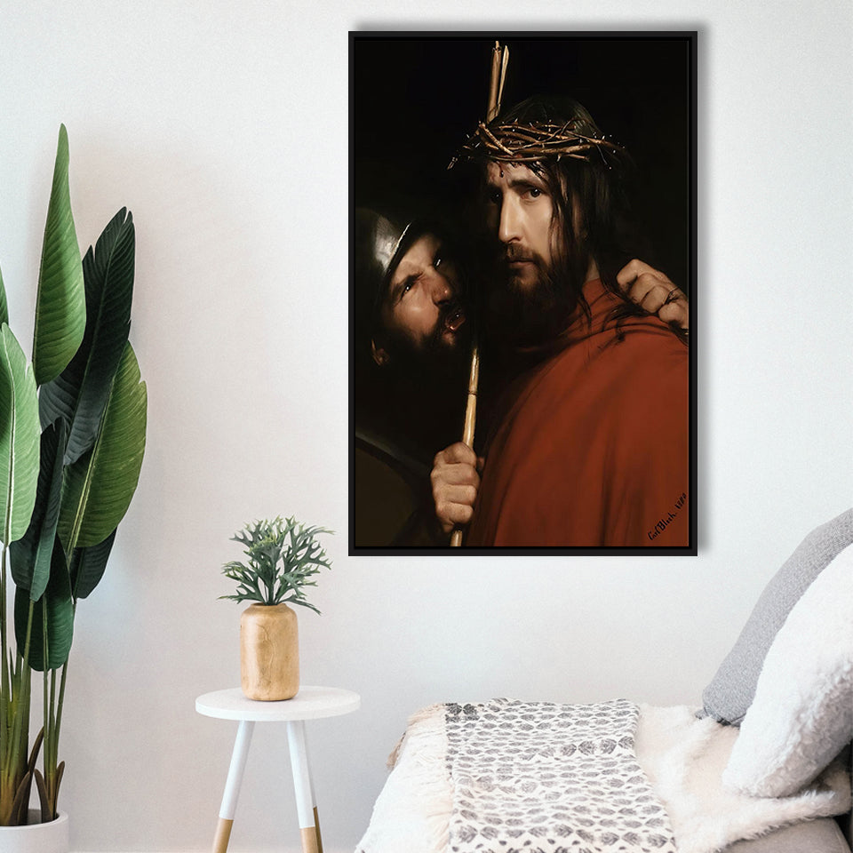 Carl Bloch Painting Christ With Mocking Soldier (1880),Framed Canvas Prints Wall Art Decor, Floating Frame