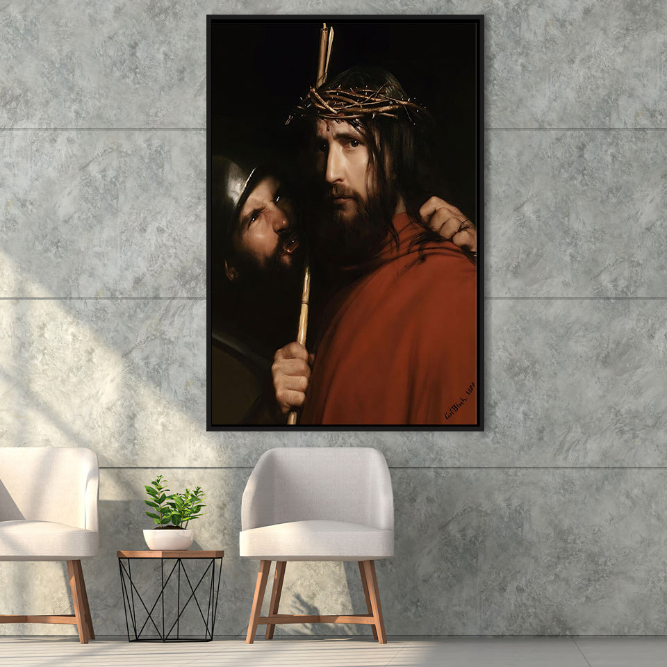 Carl Bloch Painting Christ With Mocking Soldier (1880),Framed Canvas Prints Wall Art Decor, Floating Frame