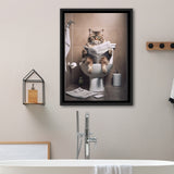 Cat Print Framed Canvas Prints Wall Art, Funny Bathroom Decor, Cat In Toilet
