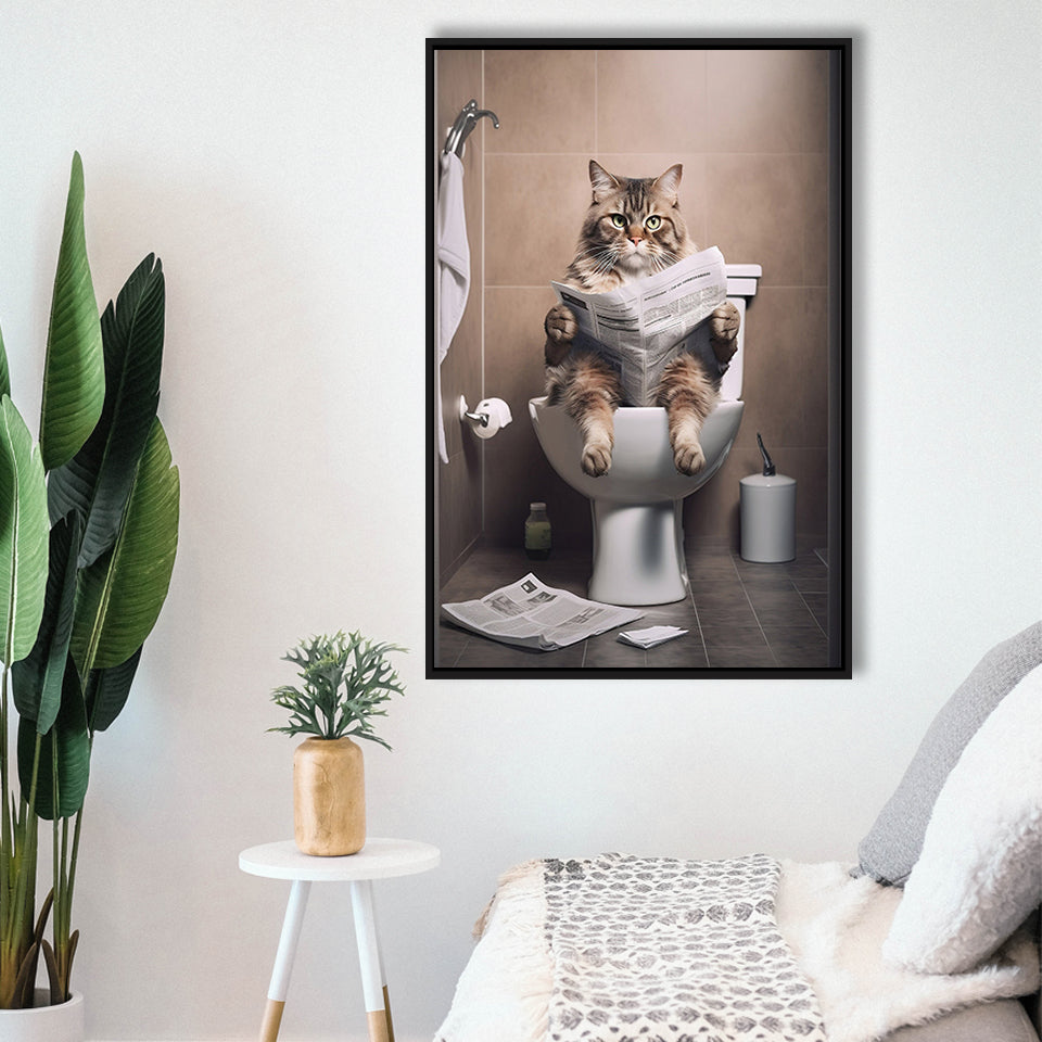 Cat Print Framed Canvas Prints Wall Art, Funny Bathroom Decor, Cat In Toilet
