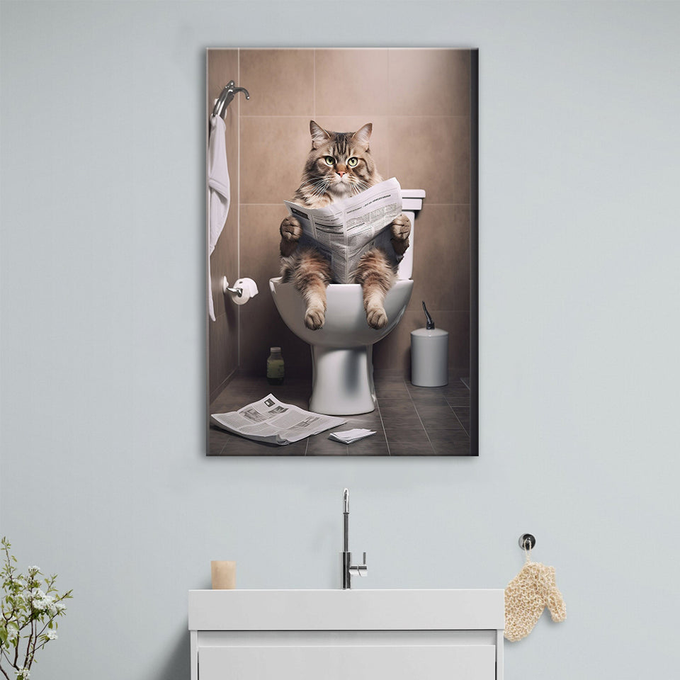 Cat Print Canvas Prints Wall Art, Funny Bathroom Decor, Cat in Toilet