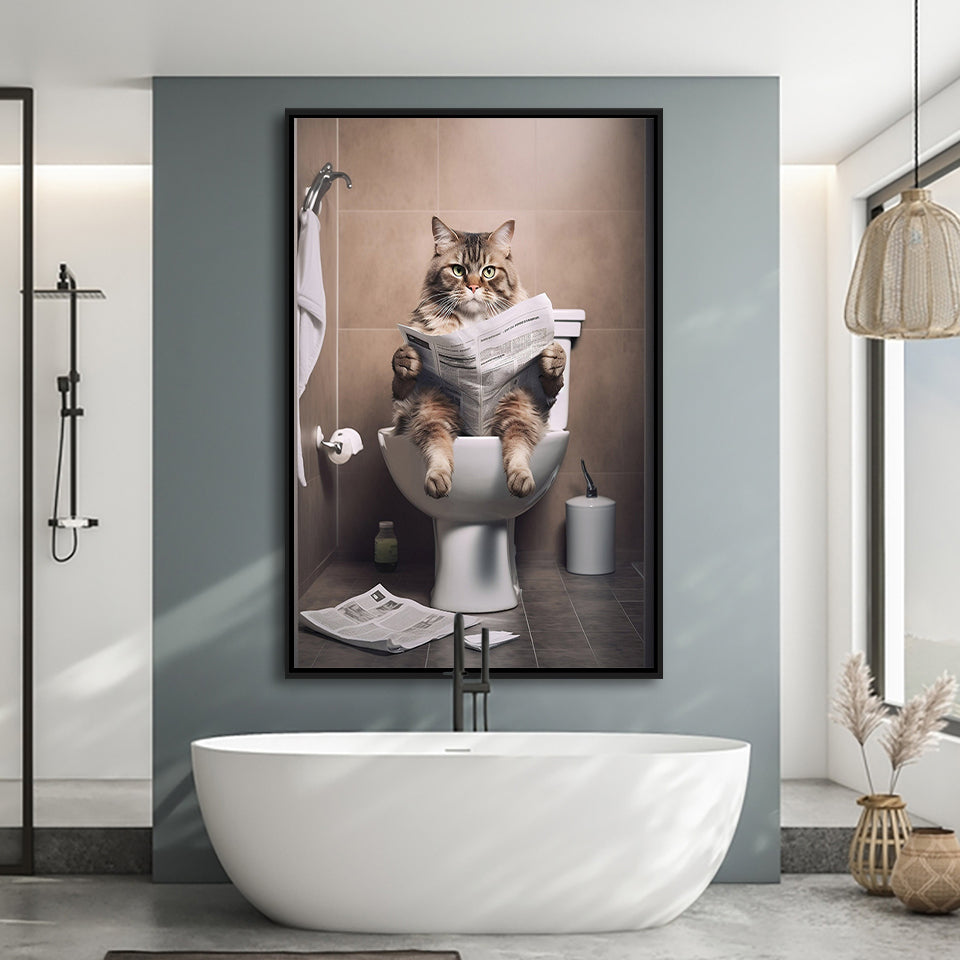 Cat Print Framed Canvas Prints Wall Art, Funny Bathroom Decor, Cat In Toilet