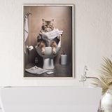 Cat Print Framed Canvas Prints Wall Art, Funny Bathroom Decor, Cat In Toilet