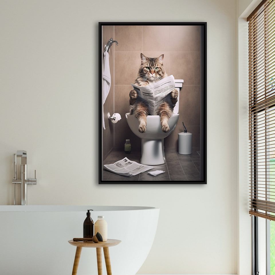 Cat Print Framed Canvas Prints Wall Art, Funny Bathroom Decor, Cat In Toilet