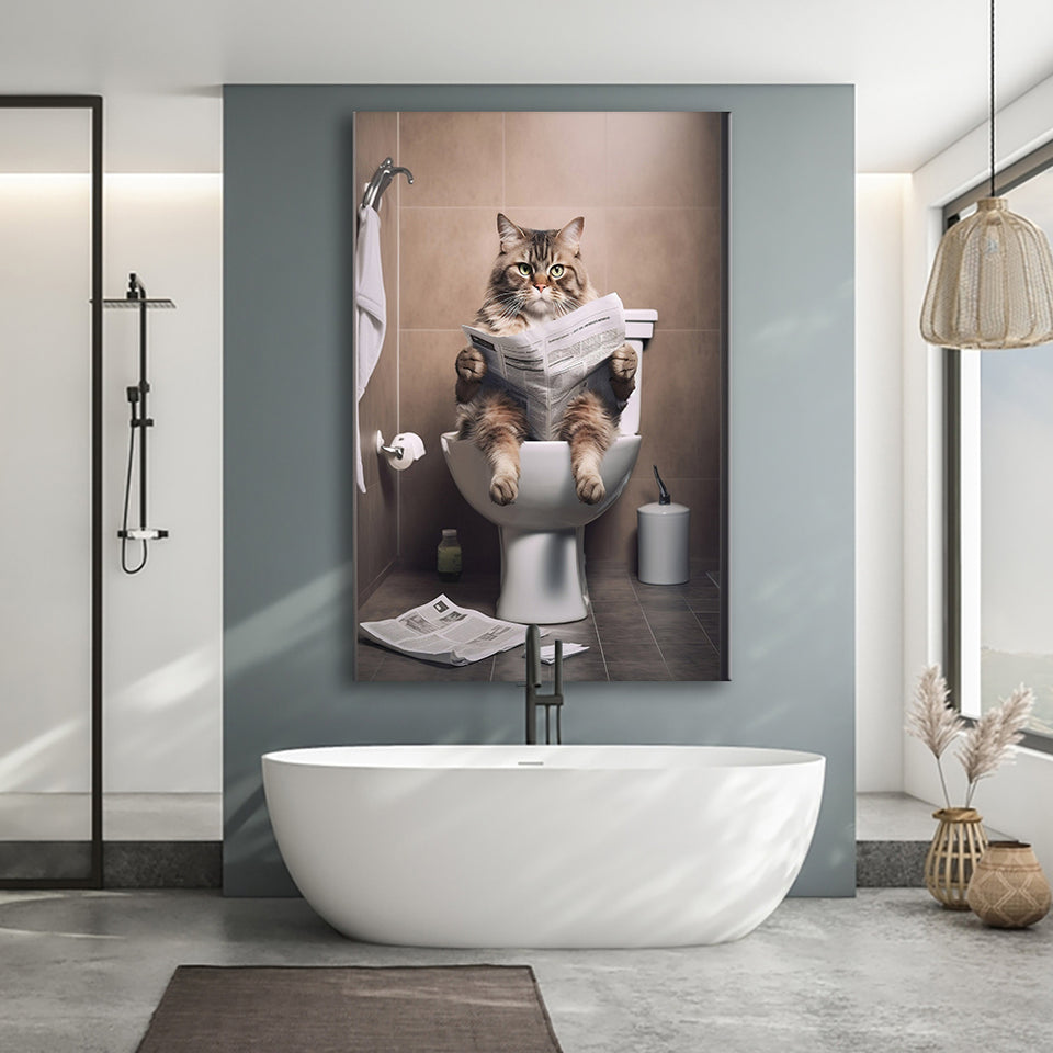 Cat Print Canvas Prints Wall Art, Funny Bathroom Decor, Cat in Toilet
